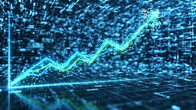 Business growth graph rising upward, glowing line chart animation, digital grid background.