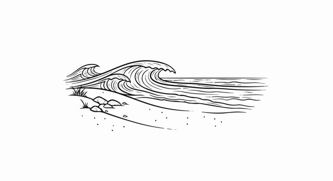 Stylized outline of crashing ocean waves on a sandy beach with grass and rocks