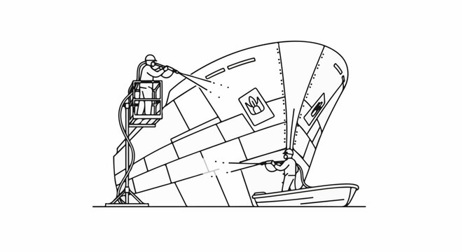 Workers in protective gear cleaning a ship's hull from a lift and a boat