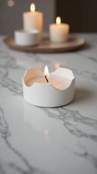A white scented candle is lit and sitting in a paper holder on a marbled tabletop. There are other candles in the background.