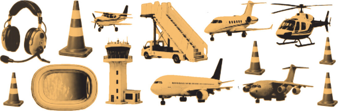 halftone pop art aviation set with airplane helicopter control tower runway and airport equipment