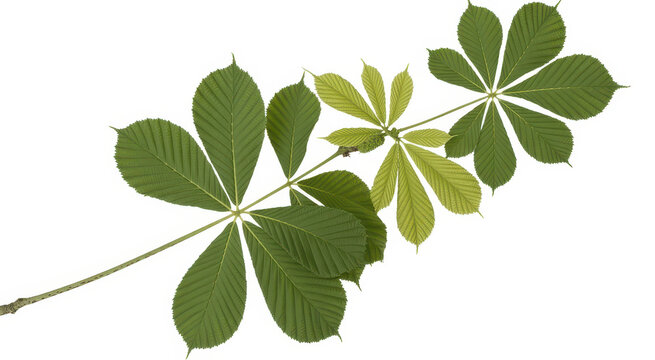 A branch with green horse chestnut leaves isolated on a white background