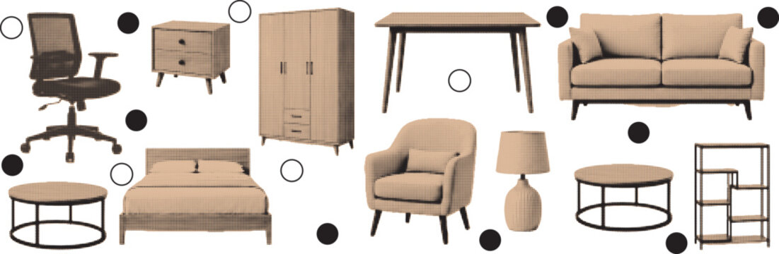 halftone pop art furniture set with sofa chair table bed cabinet and home interior objects