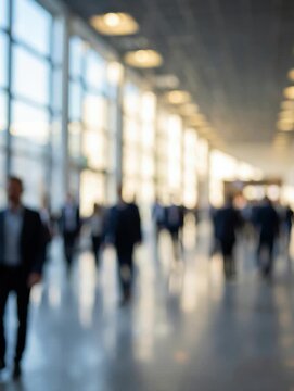 Defocused crowd of business people walking in modern glass building. Airport terminal rush hour. Abstract silhouette motion blur. Corporate workers commuting. Lobby interior views