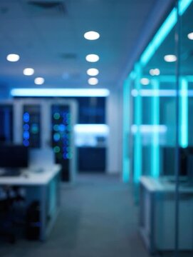 blurred high tech computer server room, blue neon illumination, futuristic data center background, modern information technology, network security, internet infrastructure concept