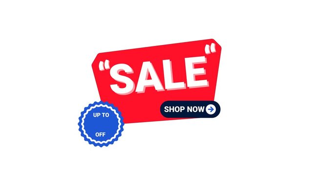 Bold red sale tag with white lettering. Blue circular badge shows up to discount. Dark blue button urges immediate purchase. Vibrant design grabs attention on clean white background