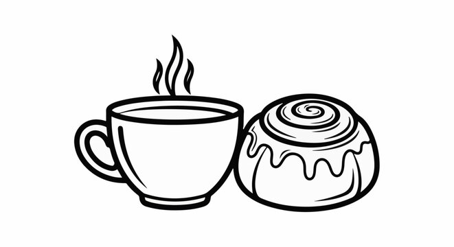 A steaming cup of coffee sits beside a sweet, iced cinnamon roll