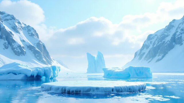 A serene winter scene featuring a frozen lake bordered by majestic mountains under a clear sky.