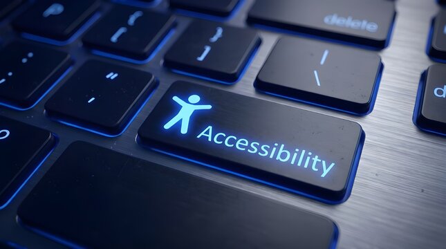 Bright blue accessibility icon glowing on a black computer keyboard key for modern web users
