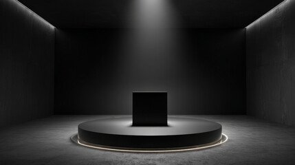 Fototapeta premium empty black podium display, minimal dark pedestal for product showcase, blank stage, 3D Rendering