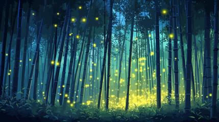 Fototapeta premium A detailed illustration of a serene bamboo forest at dusk, with fireflies lighting the scene