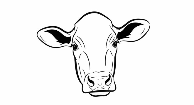 A simple black and white line drawing of a cow's face