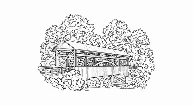 A rustic, wooden, covered bridge surrounded by lush, leafy trees