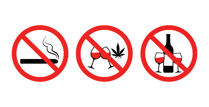 Prohibition signs no smoking marijuana and alcohol allowed clear visual warnings