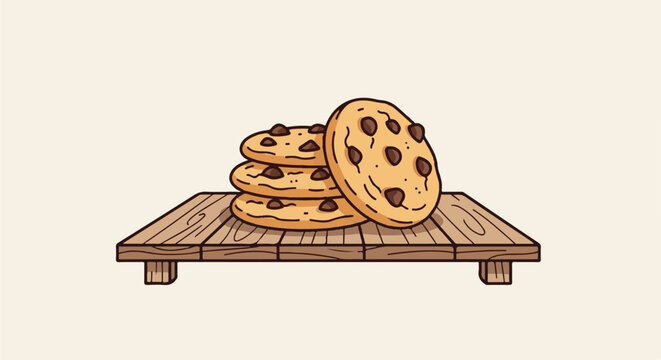 A stack of chocolate chip cookies on a wooden platform