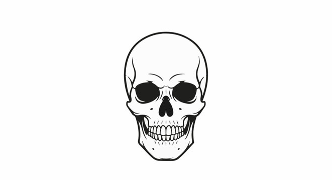 A stark black and white illustration of a human skull, facing forward, with empty eye sockets