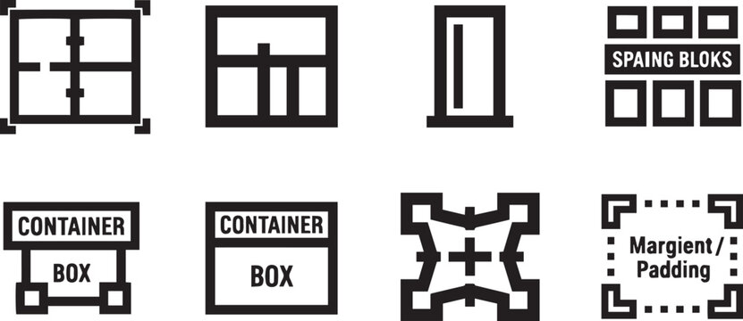 Design Icons Pack for UI Development Vector, Spacing Blocks, Margin and Padding Guide, Container Box Structure, Grid Layout System, and Alignment Markers for Digital Product Design