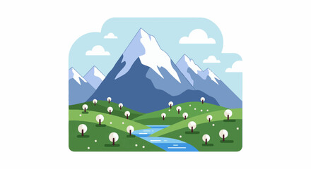Fototapeta premium A picturesque mountain landscape with a winding river and scattered trees
