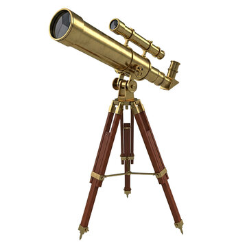 Vintage brass telescope on a wooden tripod stand.