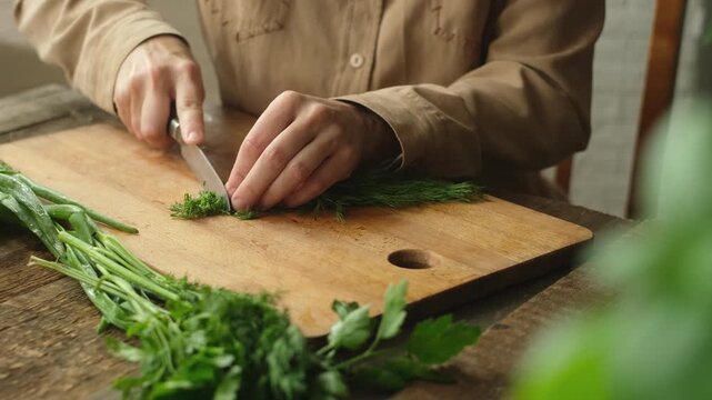 Female hands cutting dill on wooden chopping board