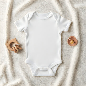 White baby bodysuit mockup on soft cream blanket with wooden toy and pacifier for nursery apparel and newborn fashion photography