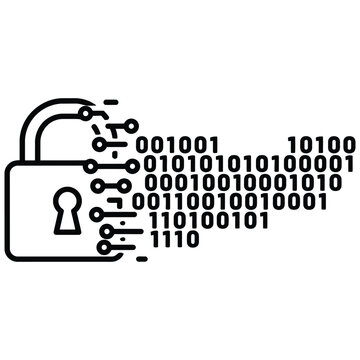 Outline of an open padlock transforming into binary code with security, internet