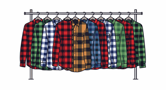 A rack of plaid shirts in various colors and patterns displayed