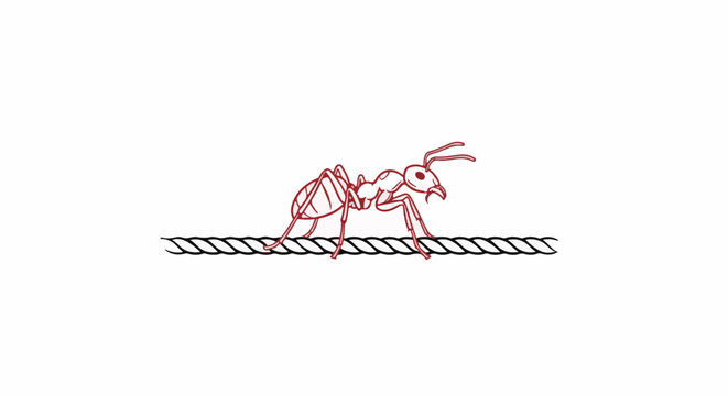A red ant walks across a thick, twisted rope against a white background
