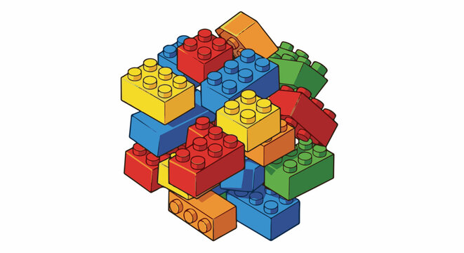 A jumbled pile of colorful, interlocking plastic building bricks forms a cube
