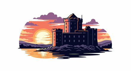 Naklejka premium A pixelated castle stands majestically by a serene lake at sunset