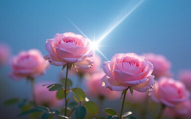 Naklejka premium Pink roses bloom under bright sun soft petals glowing with warmth and