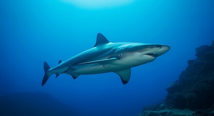 Fototapeta premium Powerful Shark Swimming in Deep Blue Ocean Water, Underwater Wildlife Stock Photo