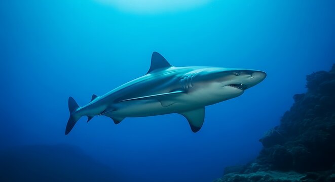 Powerful Shark Swimming in Deep Blue Ocean Water, Underwater Wildlife Stock Photo