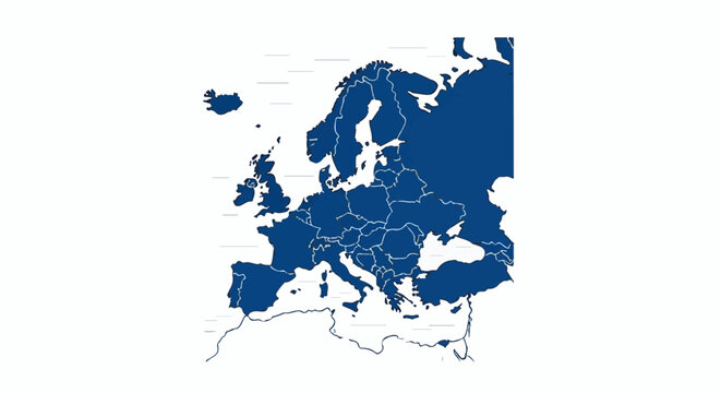 A map of Europe in dark blue, with internal borders outlined in white