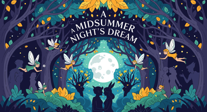 A whimsical illustration of A Midsummer Night's Dream, featuring fairies, lovers, and a full moon in an enchanted forest setting.