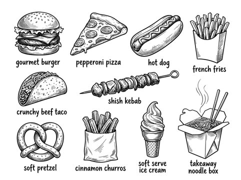 Vintage Street Food Engraving Set: 10 Ink Sketch Vector Icons for Menu Branding