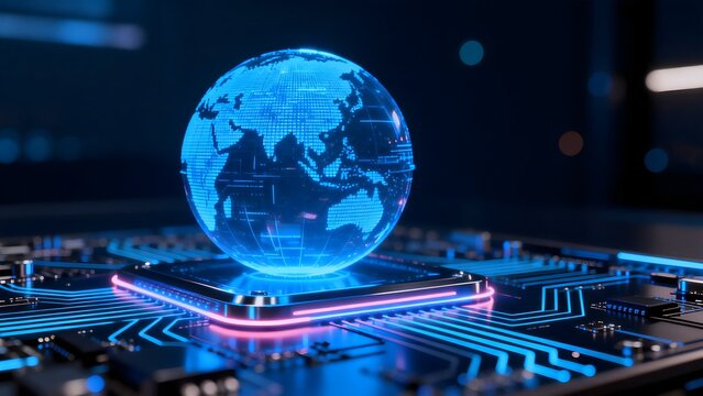 Glowing digital globe on circuit board