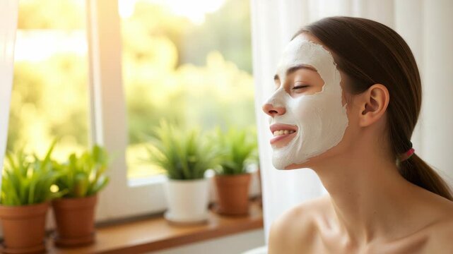A woman relaxing with a clay mask on her face and neck, seated comfortably near a window with plants.