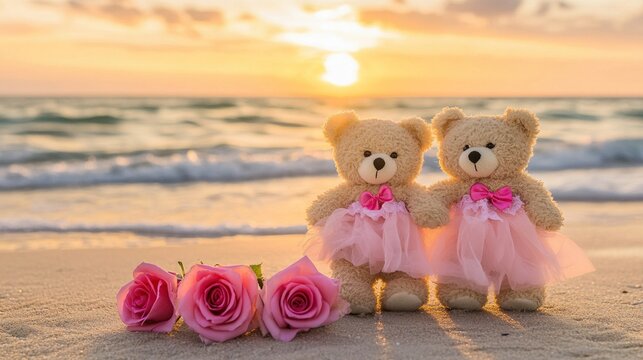 Two adorable teddy bears in pink tutus standing on a sandy beach at sunset, accompanied by three pink roses, ocean and golden sky in the background, romantic, whimsical, dreamy ambiance, love themes.