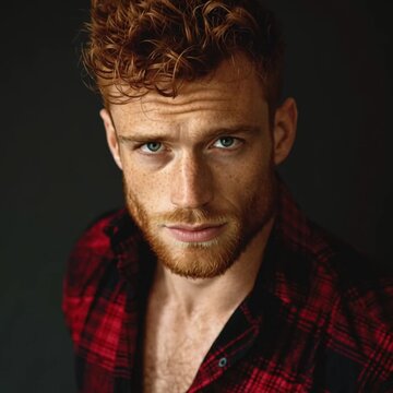 Redheaded man with freckles, wearing a plaid shirt, with implied slight head turn motion clip footage