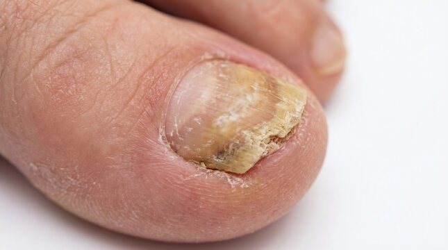 Close up shot of human toenail with fungal infection onychomycosis.