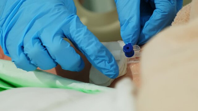 Blue gloved hands place cotton under IV catheter on woman arm in bed. Medical worker tucks soft pad near port protecting skin after placement