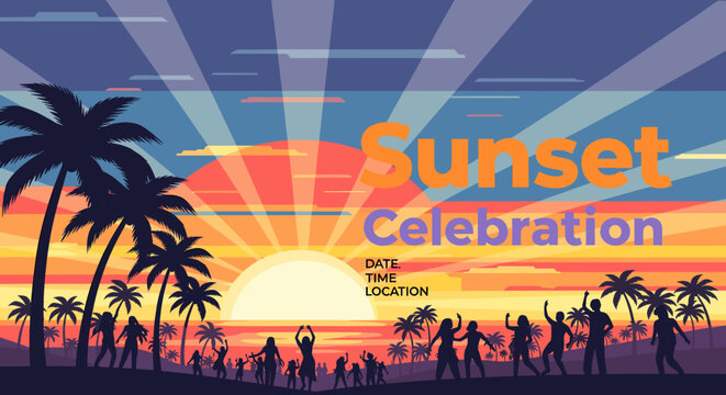 Vibrant sunset celebration on a tropical beach with silhouetted palm trees and people dancing under a colorful sky.
