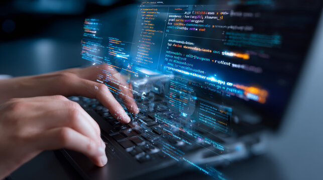 Software source coding. Programmer using finger typing on keyboard with overlay text. Concept for software development life cycle (SDLC), Capability Maturity Model Integration (CMMI), Agile,  Scrum