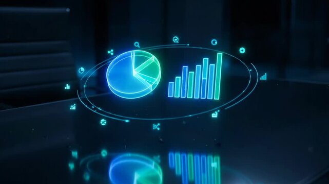 AI SEO assistant data, Futuristic data analytics dashboard hologram with digital pie chart and bar chart glowing neon interface for modern business finance analysis