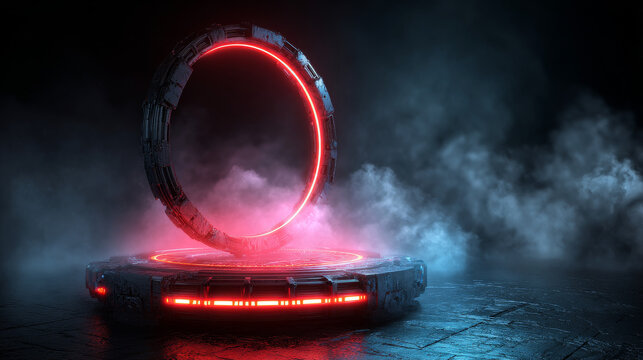 3D Rendering of sci fi mech circle shape pedestal with glowing led futuristic rings and grunge dark fog and cloud background. For hi tech product display, big data, computer hardware, ai, crypto