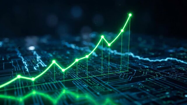 AI SEO assistant data, Futuristic digital finance growth chart data analysis technology background neon green glowing line graph stock market business success trend