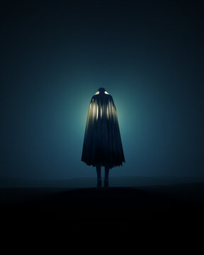 Ghost Cloaked Phantom Spirit Apparition Standing in Dark Landscape with Dramatic Backlighting Eerie Moody Atmosphere Back Turned 3D Illustration