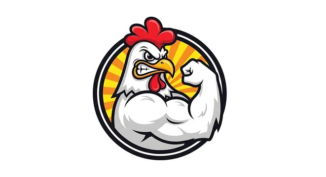 Muscular cartoon rooster flexing its arm in a circular emblem with sunburst background