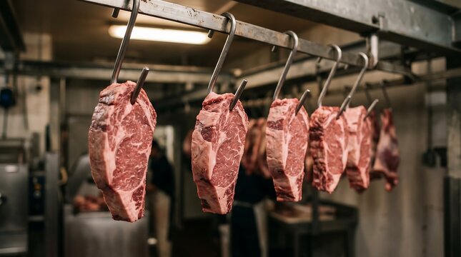 Raw meat cuts hanging in a refrigerated warehouse with bright lights, concept for butchery business, food industry and culinary presentation
